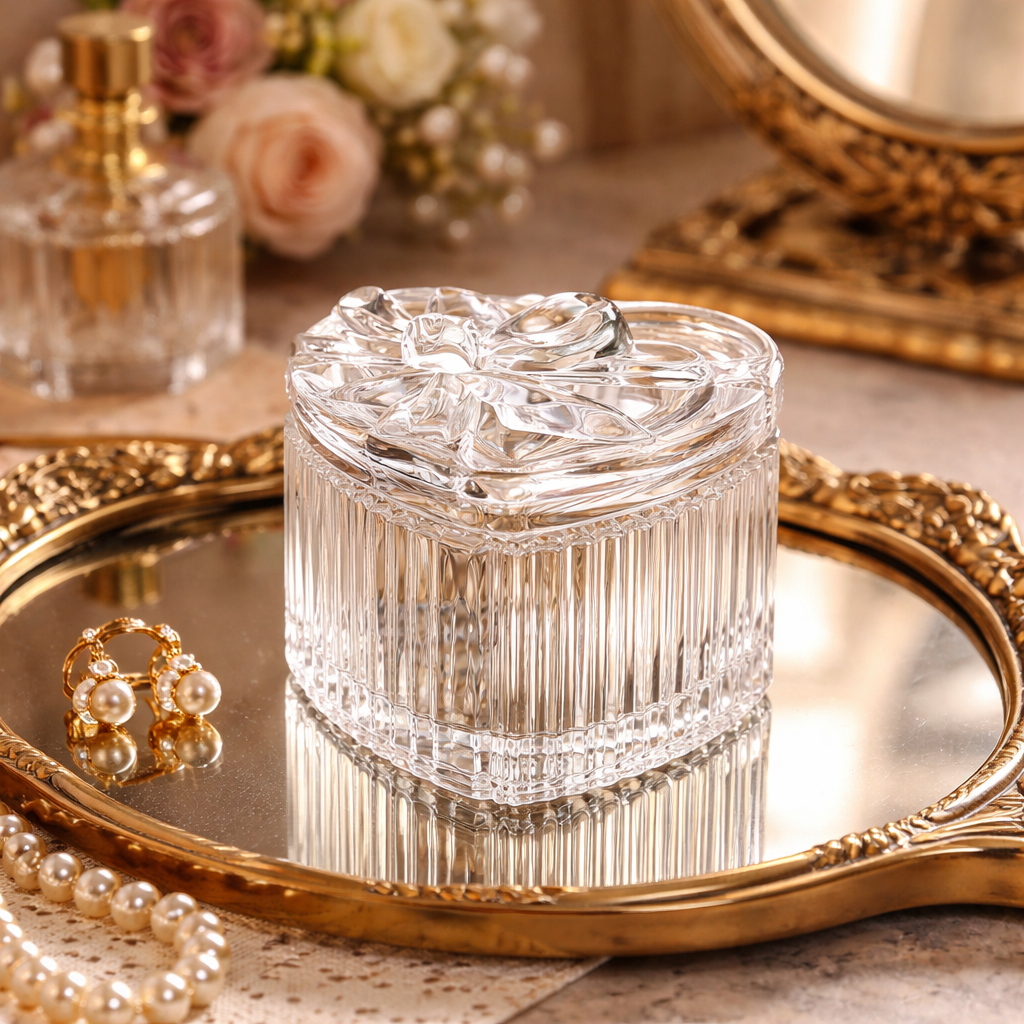 Vintage Ribbed Heart-Shaped Glass Trinket Box