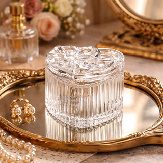 Vintage Ribbed Heart-Shaped Glass Trinket Box