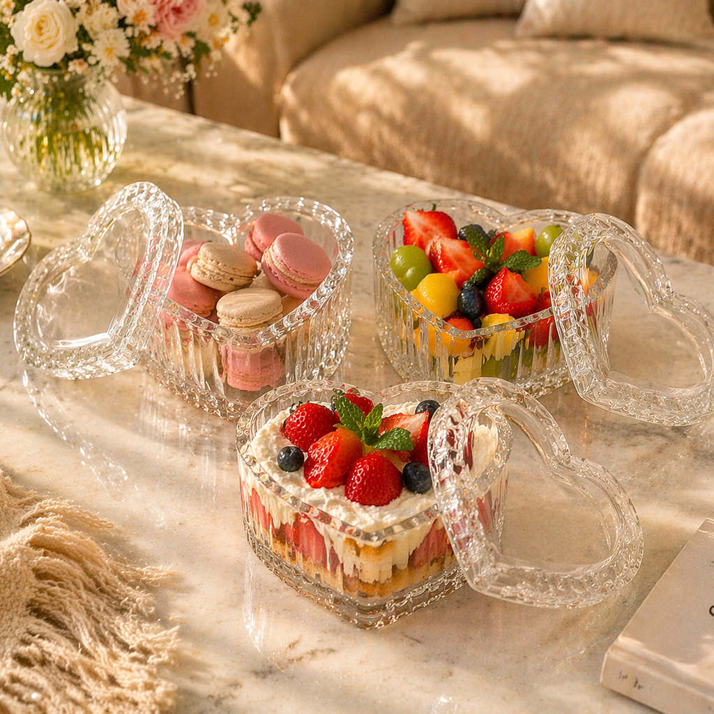 Vintage Ribbed Heart Glass Storage Box for Jewelry & Keepsakes