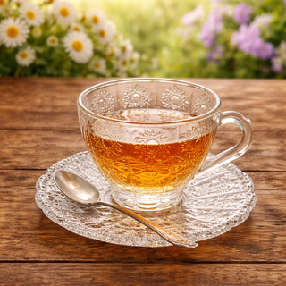 Vintage Embossed Floral Glass Teacup and Saucer Set