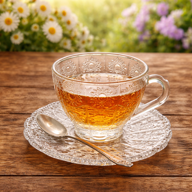 Vintage Embossed Floral Glass Teacup and Saucer Set