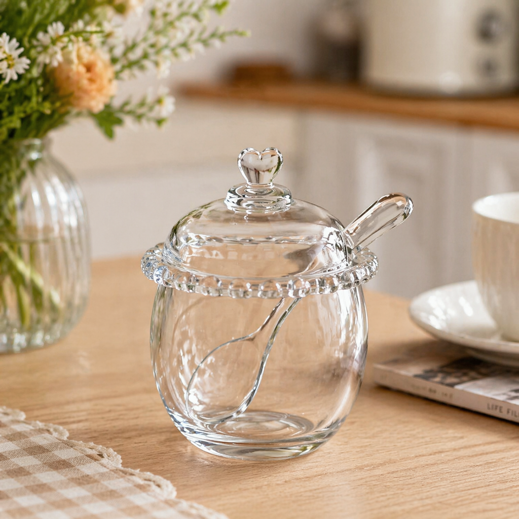 Heart-Lid Glass Sugar Jar with Spoon