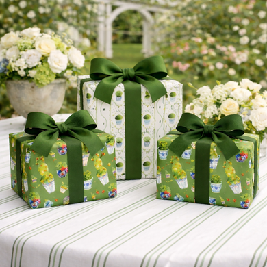 Reversible Green Topiary & Boxwood Gift Wrap | Elegant Double-Sided Wrap
