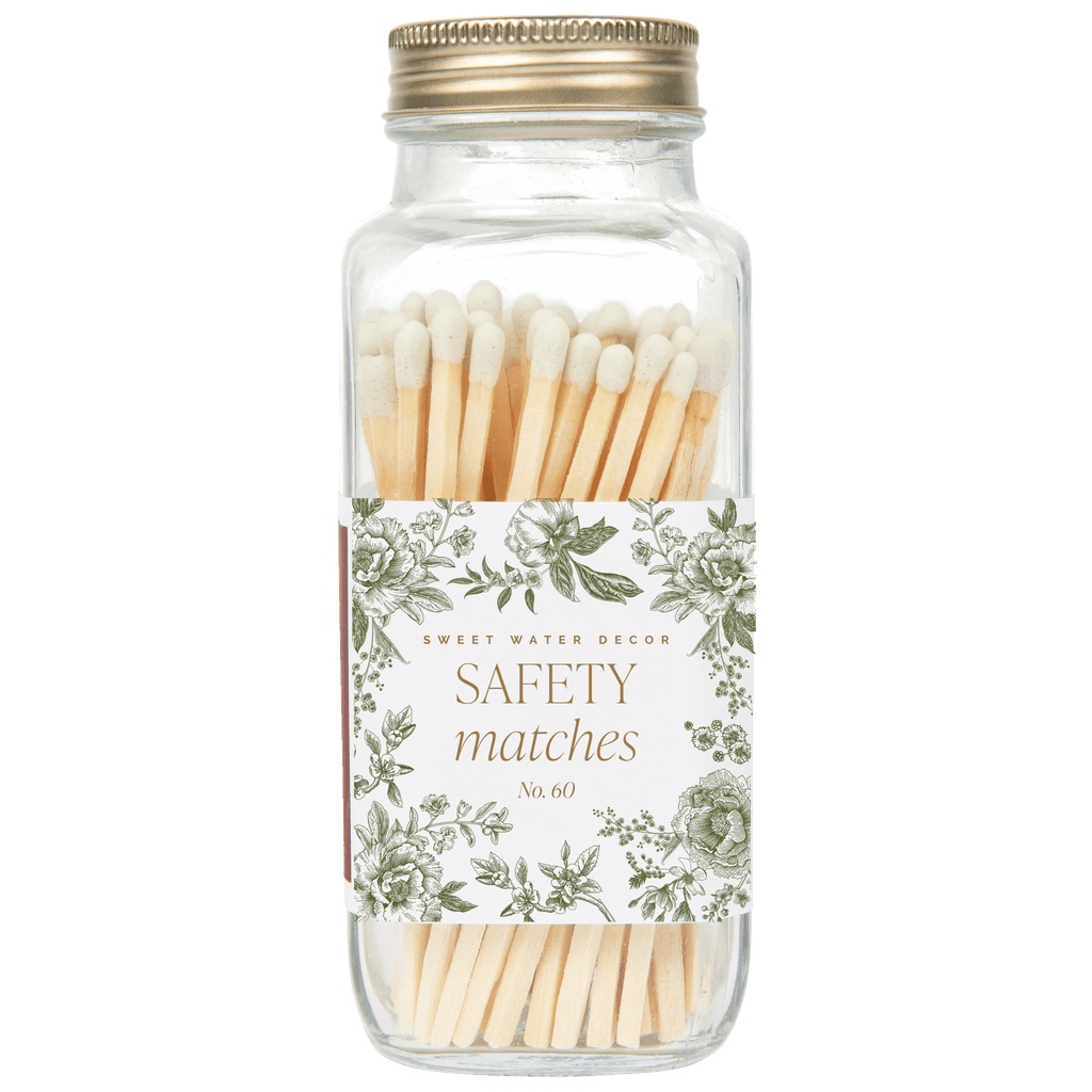 Green Delft White-Tip Safety Matches in Glass Jar – 60 Count