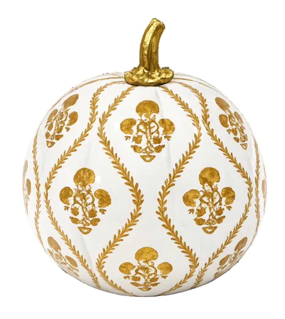Gold Heritage Medallion Hand-Painted Metal Pumpkin – 10-Inch