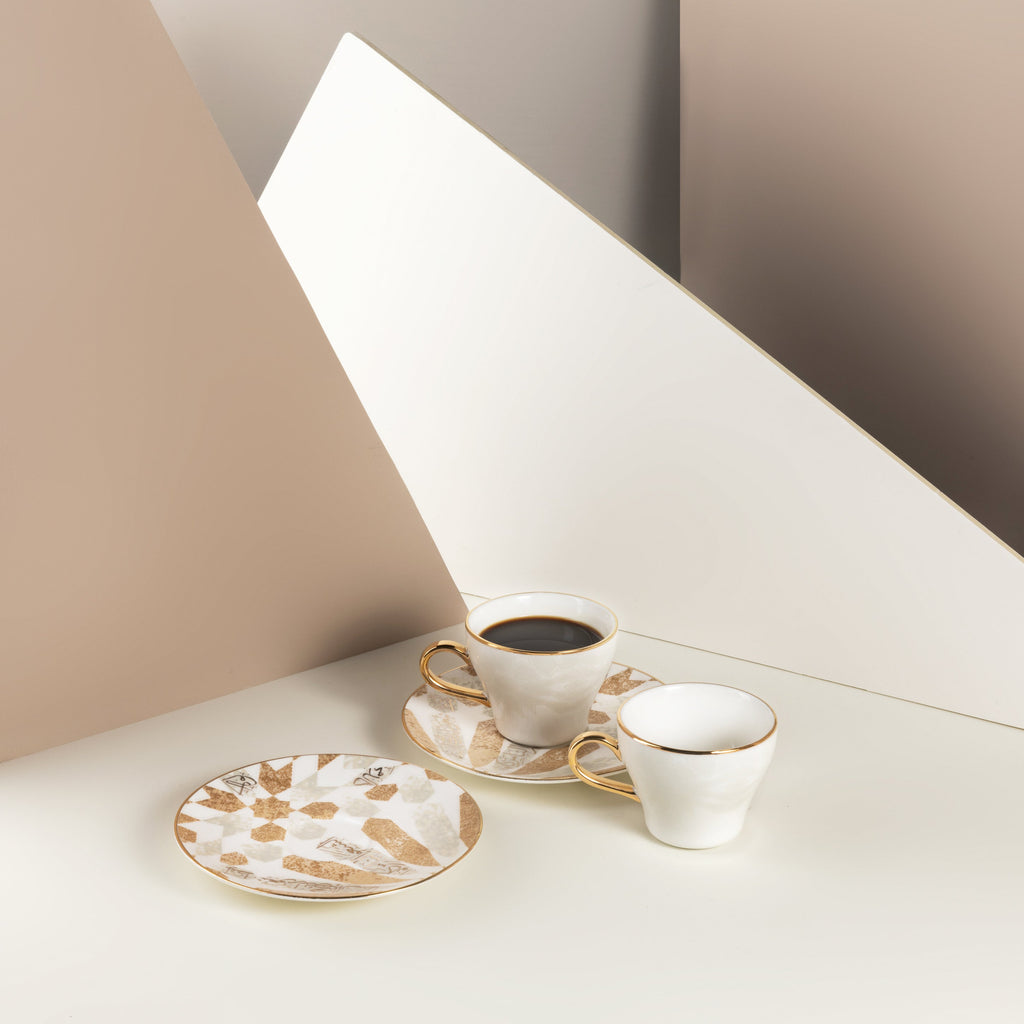 Amal Turkish Coffee & Espresso Cup Set (4-Pc) – Beige & Gold Luxury Bone China