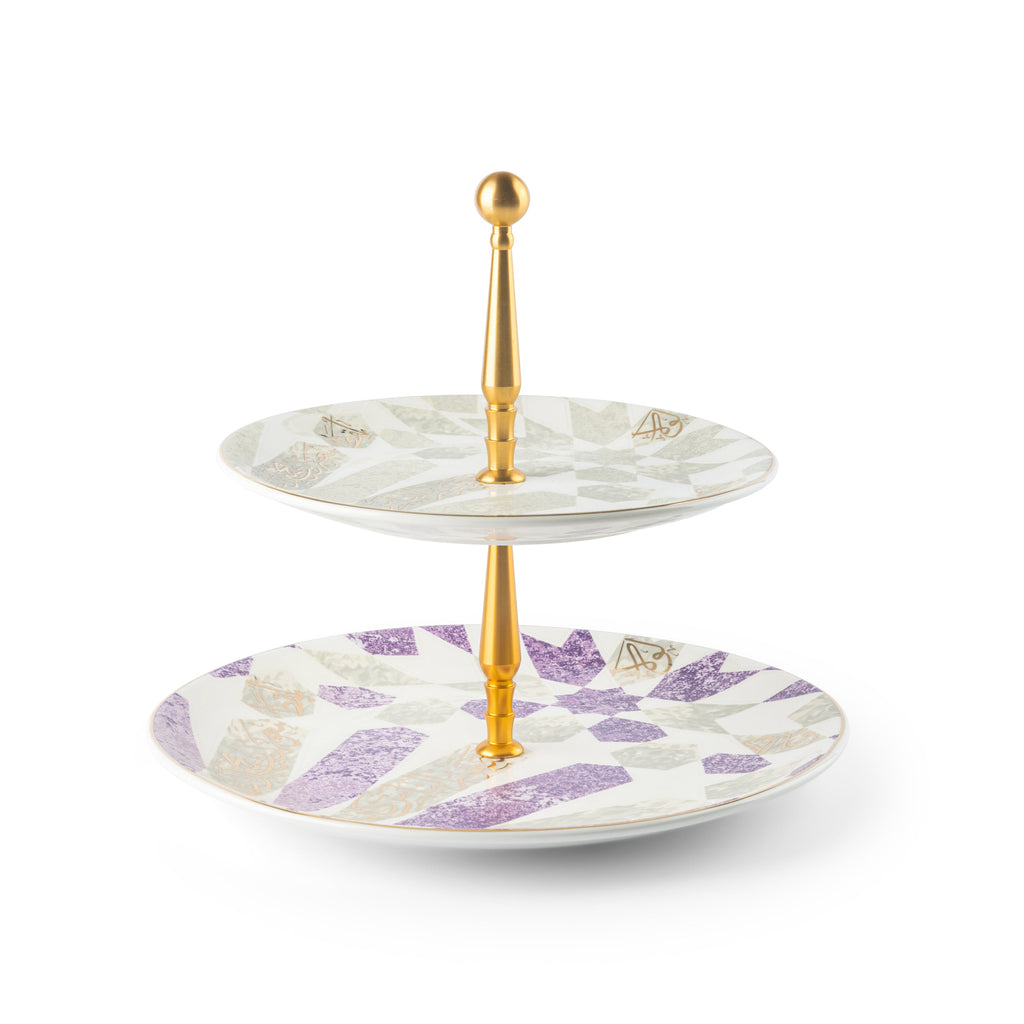 Amal 2-Tier Serving Plate – Purple & Gold Luxury Dessert & Appetizer Stand (7.5” + 10”)