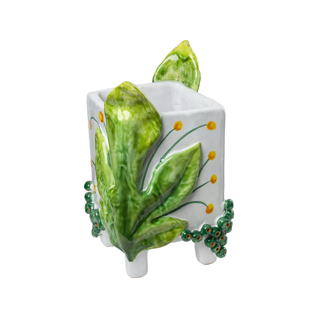 Garden Party Cachepot with Blue Phoenix / Green Leaves – Handmade Italian Ceramic Planters