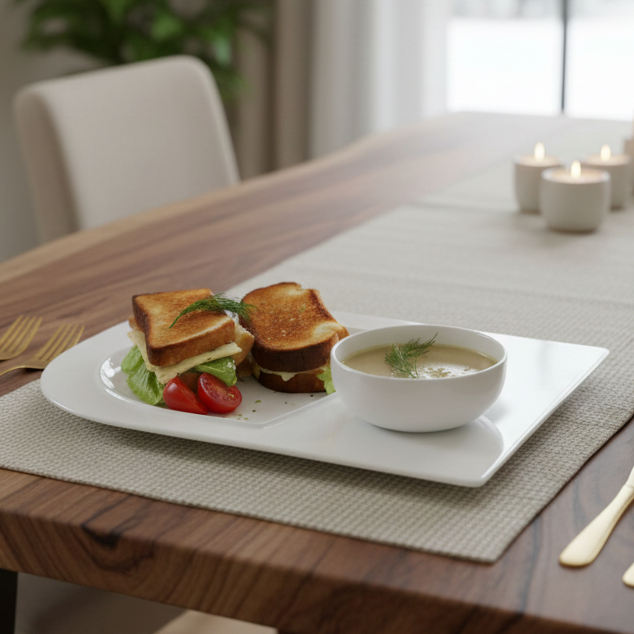 Soup and Sandwich Plate Set of 4 | White Porcelain Divided Serving Plate