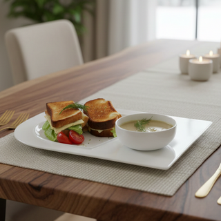 Soup and Sandwich Plate Set of 4 | White Porcelain Divided Serving Plate