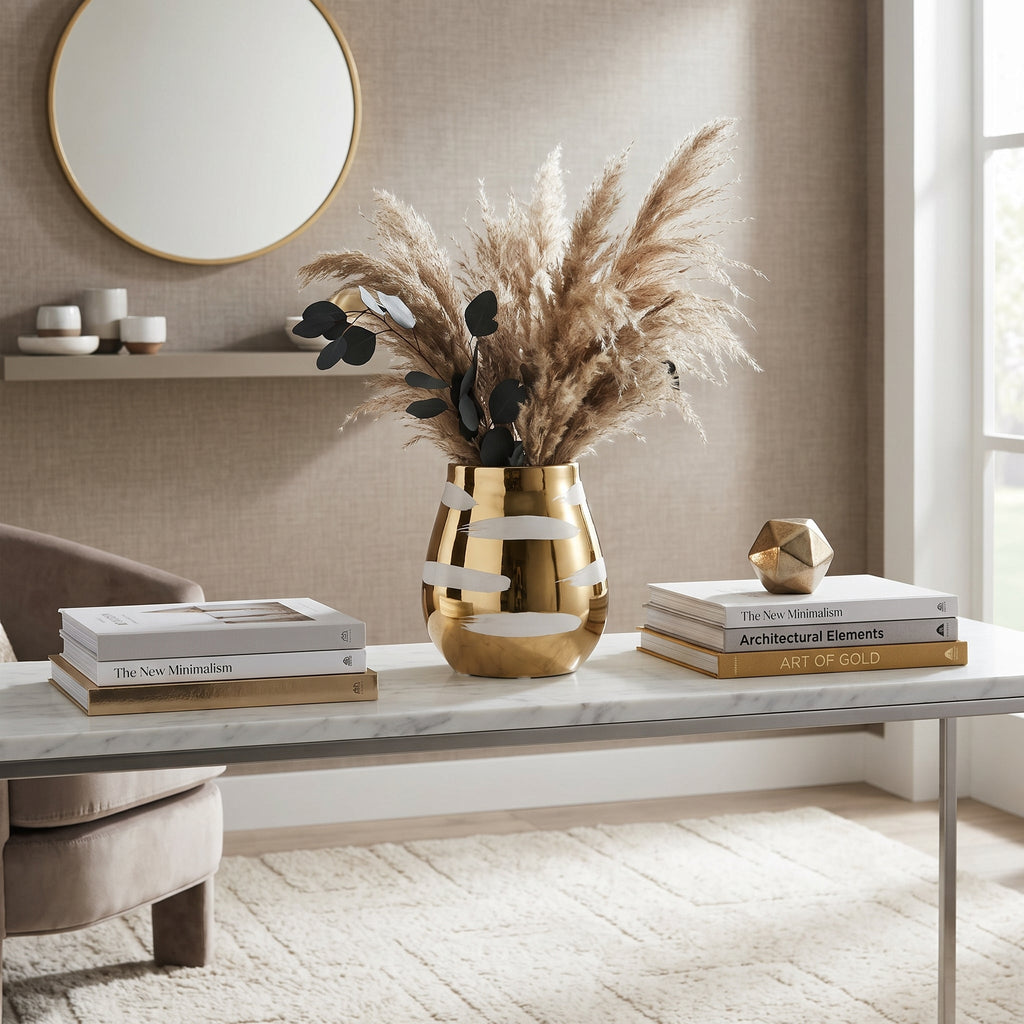 Gold Bud Vase with White Brushed Design