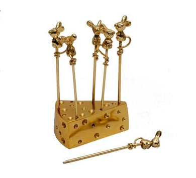 Gilded Mouse Cheese Pick Set with Cheese Block Holder – 6-Piece Set
