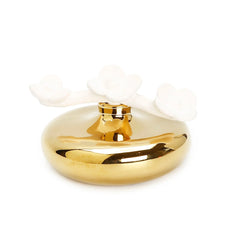 Gold Circular Diffuser with Three White Flowers – “English Pear & Freesia” or “Iris & Rose” Scent