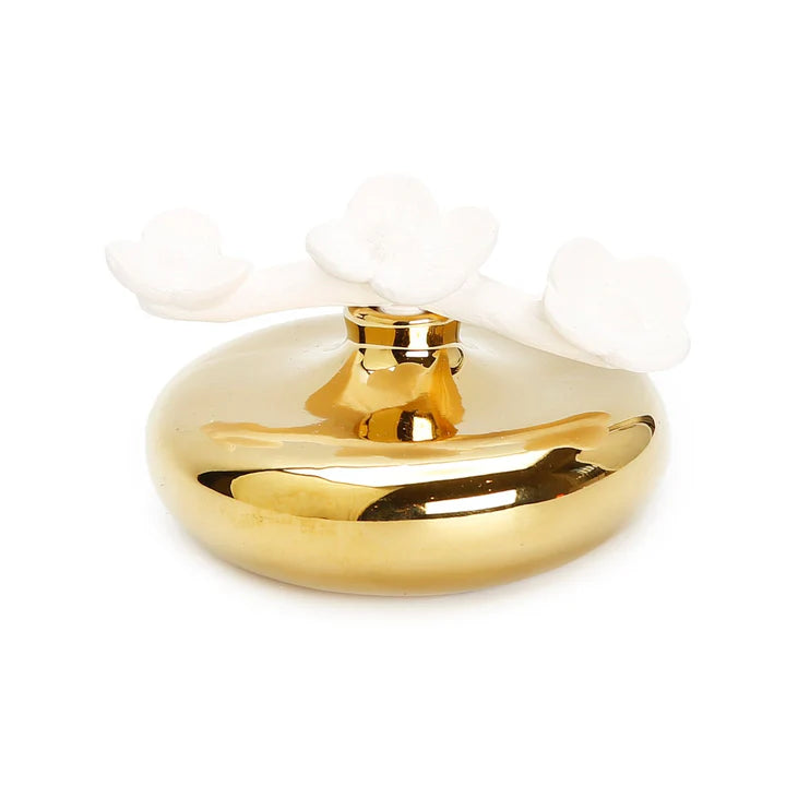 Gold Circular Diffuser with Three White Flowers – “English Pear & Freesia” or “Iris & Rose” Scent