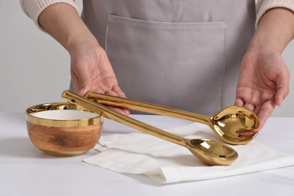 Salad Servers — Madera Collection | Gold-Toned Porcelain, 10
