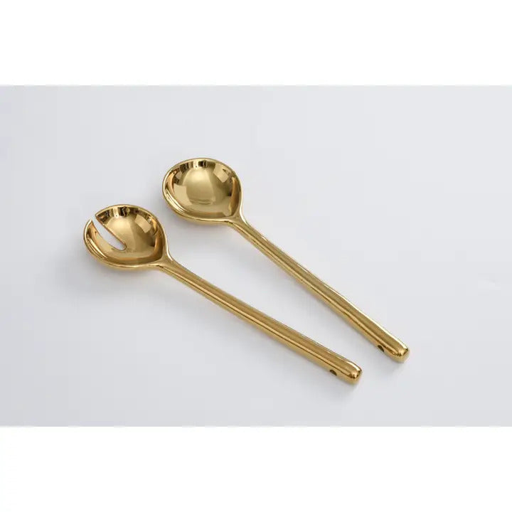 Salad Servers — Madera Collection | Gold-Toned Porcelain, 10