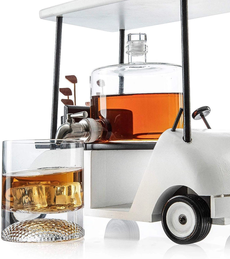 Limited Edition Golf Whiskey Decanter Set with Golf Cart Holder & Golf Ball Glasses