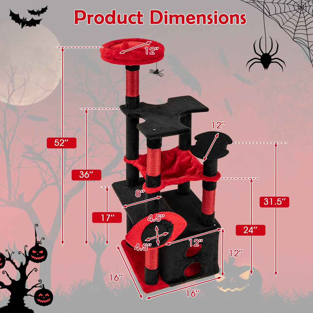 Gothic Cat Tree with Plush Perch, Hammock and Spider Toy – Black & Red