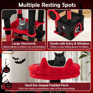 Gothic Cat Tree with Plush Perch, Hammock and Spider Toy – Black & Red