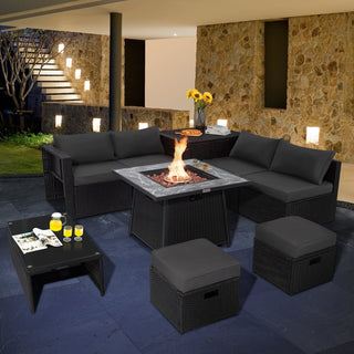 9-Piece Black Wicker Sectional Set with 35-Inch Gas Fire Pit Table