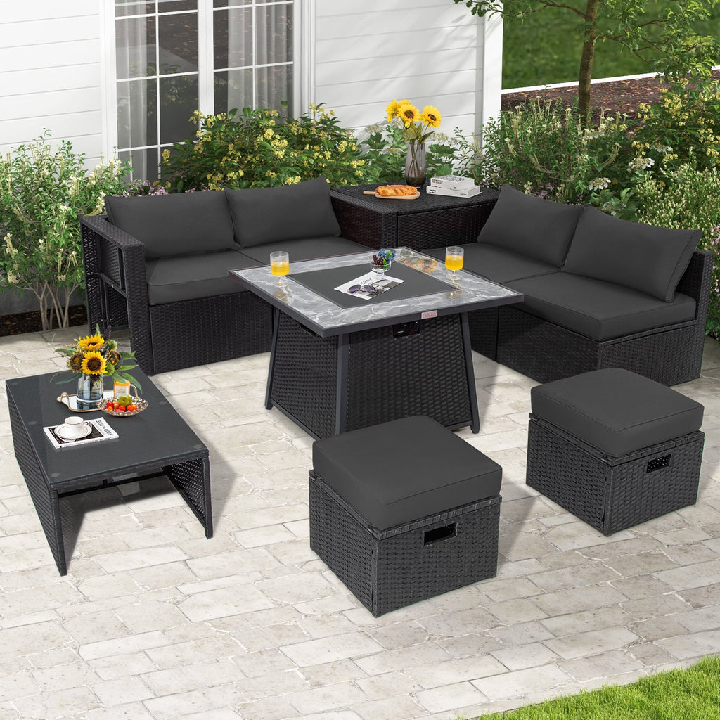9-Piece Black Wicker Sectional Set with 35-Inch Gas Fire Pit Table