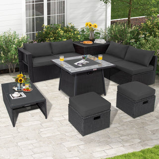 9-Piece Black Wicker Sectional Set with 35-Inch Gas Fire Pit Table