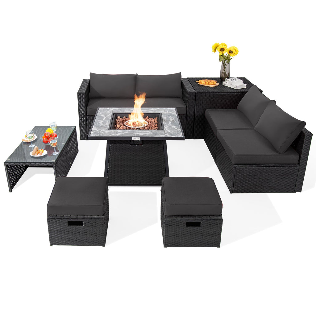 9-Piece Black Wicker Sectional Set with 35-Inch Gas Fire Pit Table