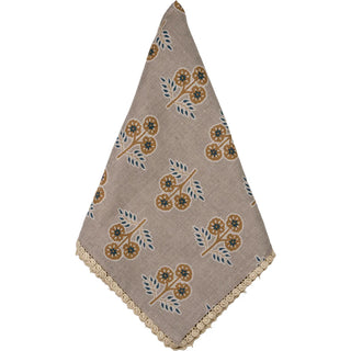 Floral Lace Edge Tablecloth – Linen Cotton Blend Tablecloth in Sage Green, Gray & Cinnamon Brown