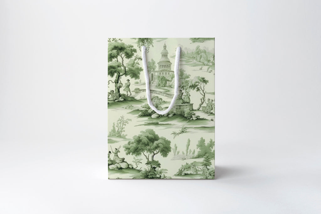 Green Toile Illustrated Gift Bag with Handles