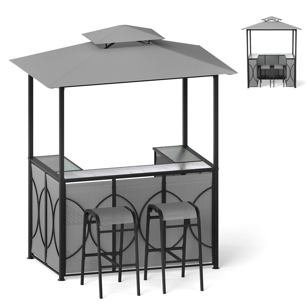 Outdoor Grill Gazebo with Bar Table, Storage Shelves and 2 Stools – 6.5' x 4' x 8'