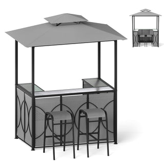 Outdoor Grill Gazebo with Bar Table, Storage Shelves and 2 Stools – 6.5' x 4' x 8'