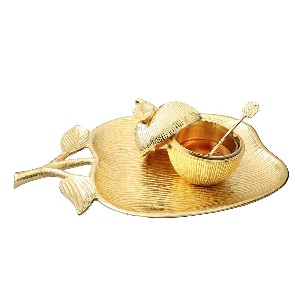 Large Gold Apple Shaped Dish with Removable Honey Jar