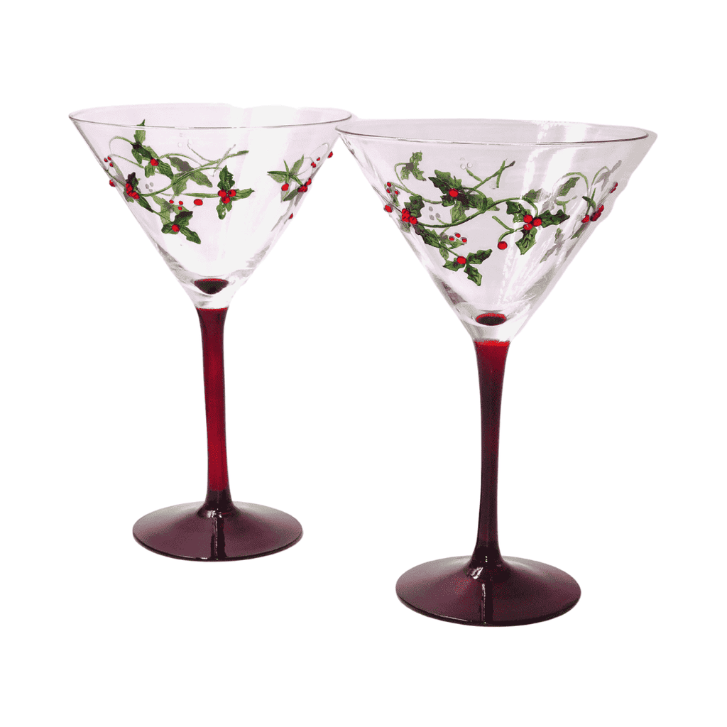 Hand-Painted Holly & Jeweled Berry Martini Glasses – Set of 2