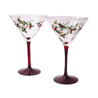 Hand-Painted Holly & Jeweled Berry Martini Glasses – Set of 2