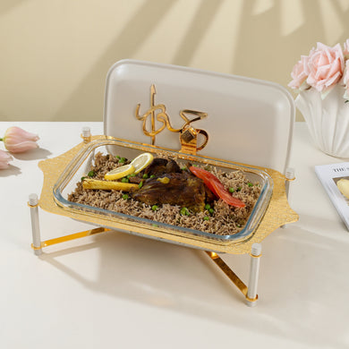 Jiwar Medium Twin Candle Pyrex Chafer Beige & Gold | Elegant Buffet Serveware