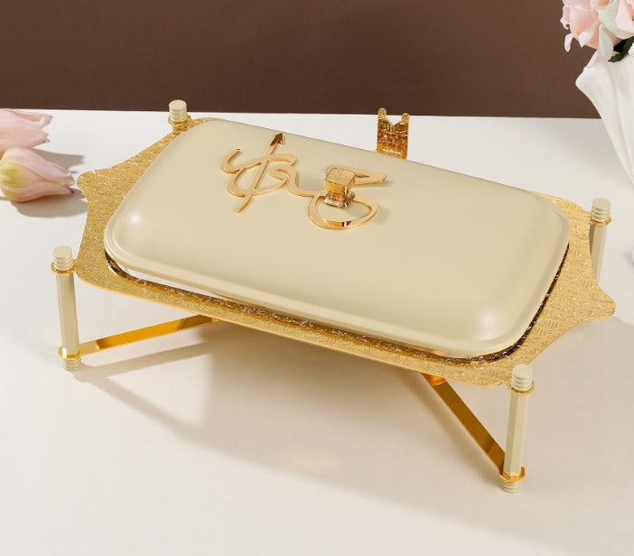 Jiwar Medium Twin Candle Pyrex Chafer – Ivory & Gold, Stainless Steel Buffet Food Warmer