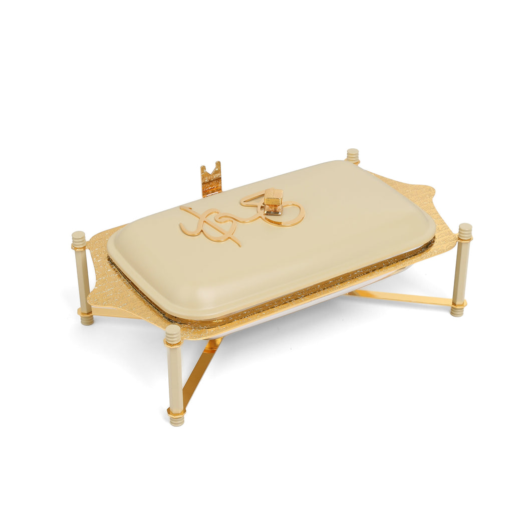 Jiwar Medium Twin Candle Pyrex Chafer – Ivory & Gold, Stainless Steel Buffet Food Warmer