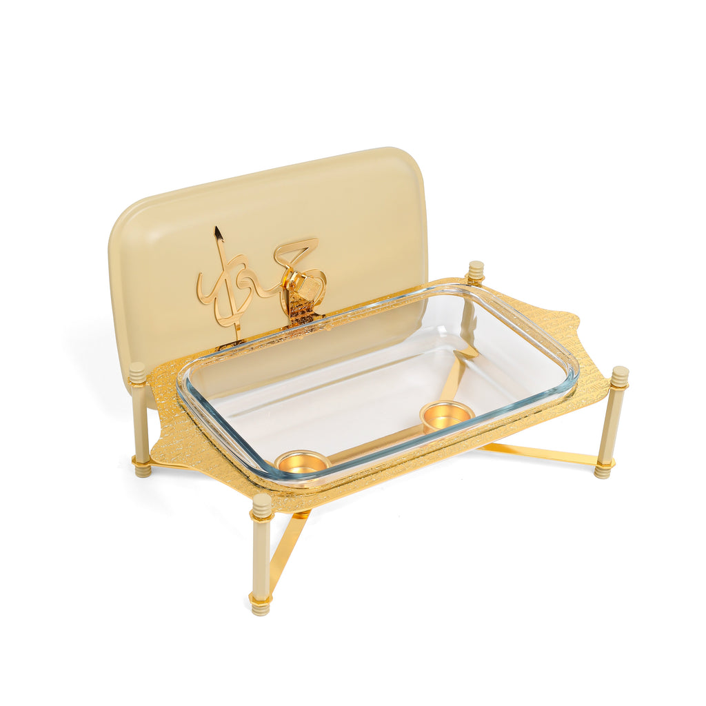 Jiwar Medium Twin Candle Pyrex Chafer – Ivory & Gold, Stainless Steel Buffet Food Warmer