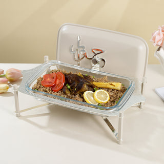 Jiwar Medium Twin Candle Pyrex Chafer Beige & Silver | Elegant Buffet Serveware