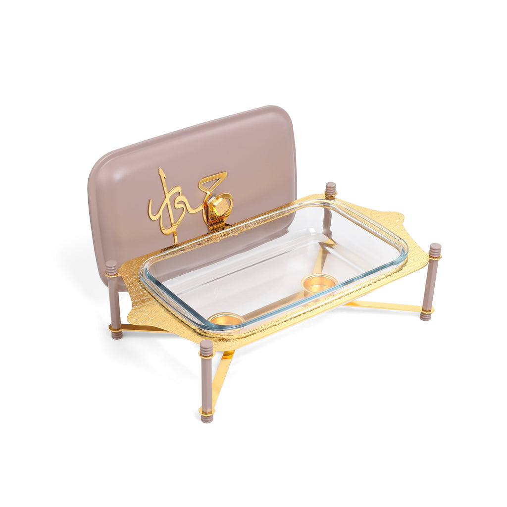 Jiwar Medium Twin Candle Pyrex Chafer Beige & Silver | Elegant Buffet Serveware