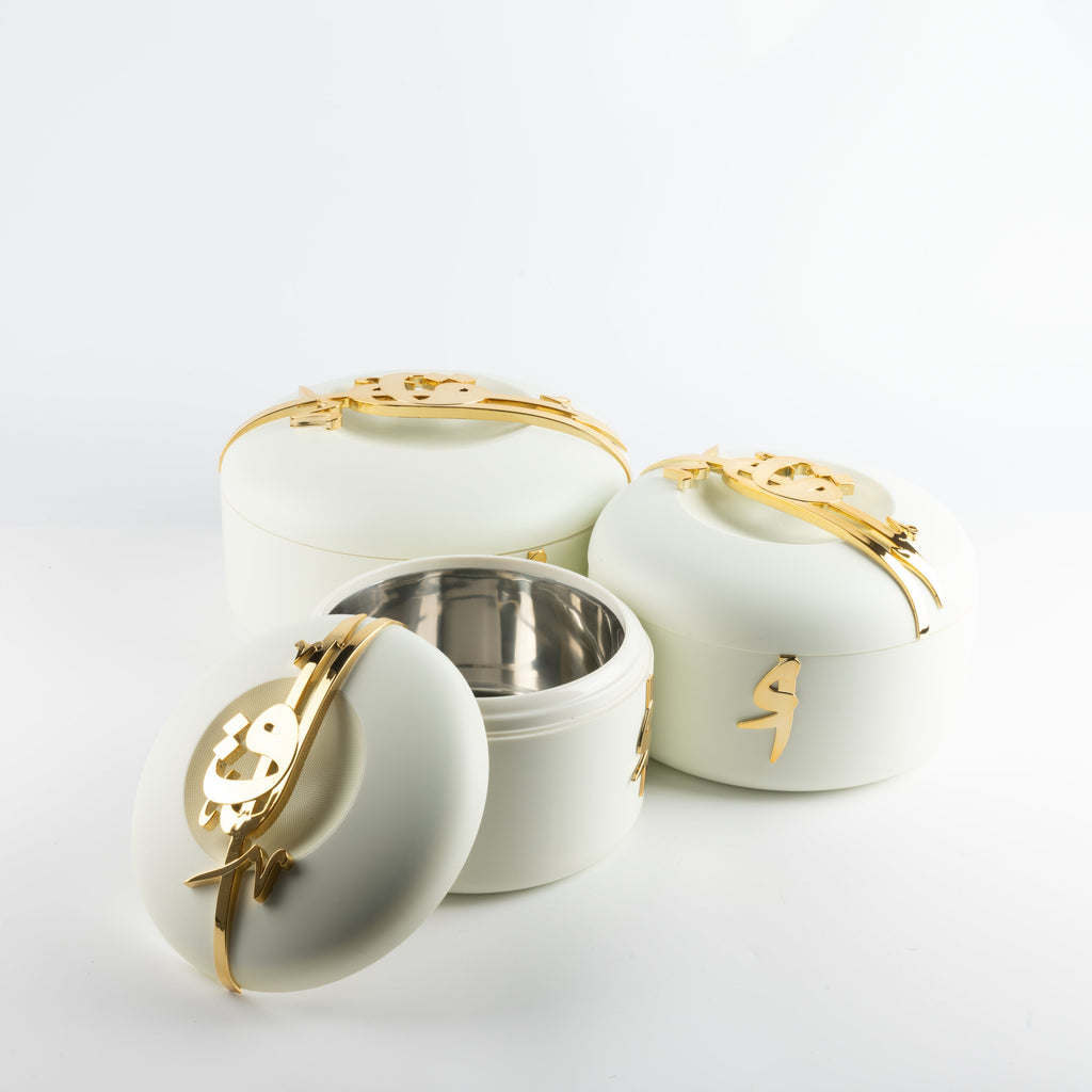 Liqa’a Food Thermos & Warm Serve Set (3-Piece) – Pearl White & Gold