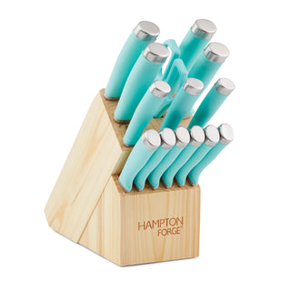 Hampton Forge Epicure True Aqua 15 Piece Cutlery Block Set, wood/acacia/stainless