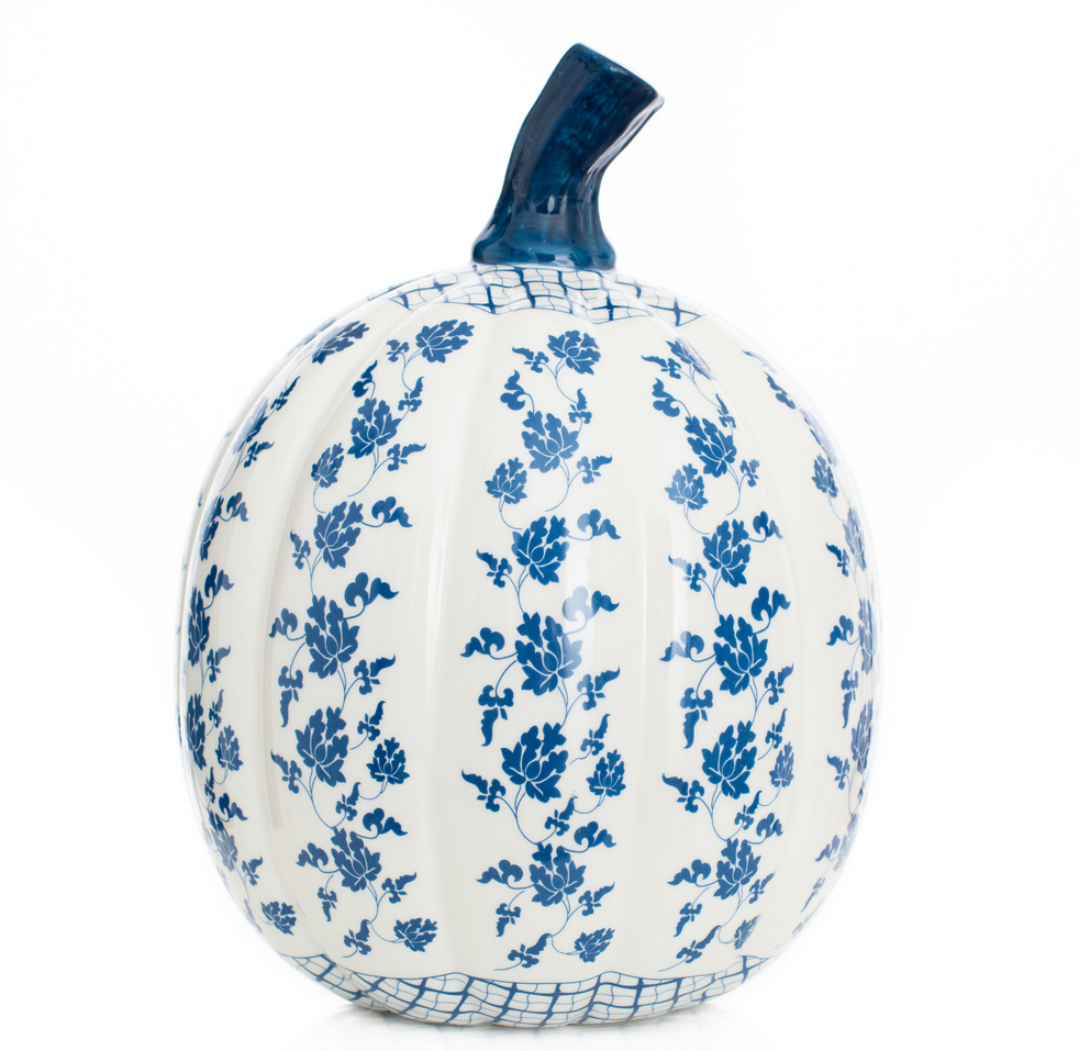 Large Blue & White Porcelain Pumpkin – 15.5-Inch