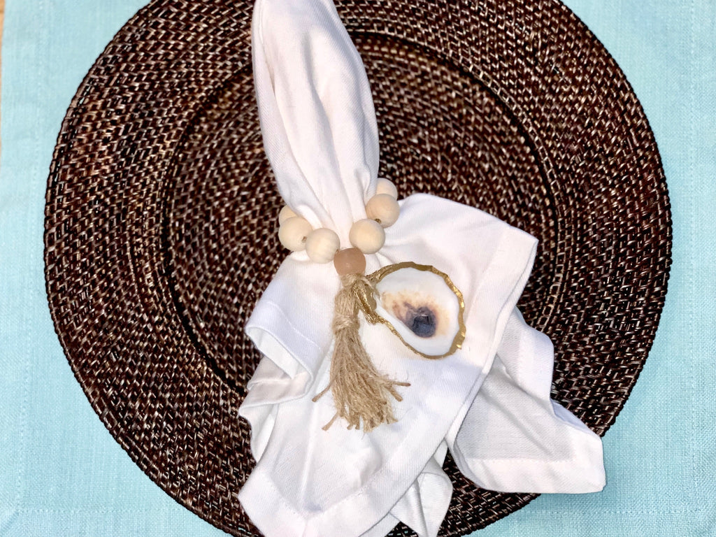 Splash Nude Beach Napkin Ring Pair with Rose Gold Sea Glass & 18K Gold Oyster