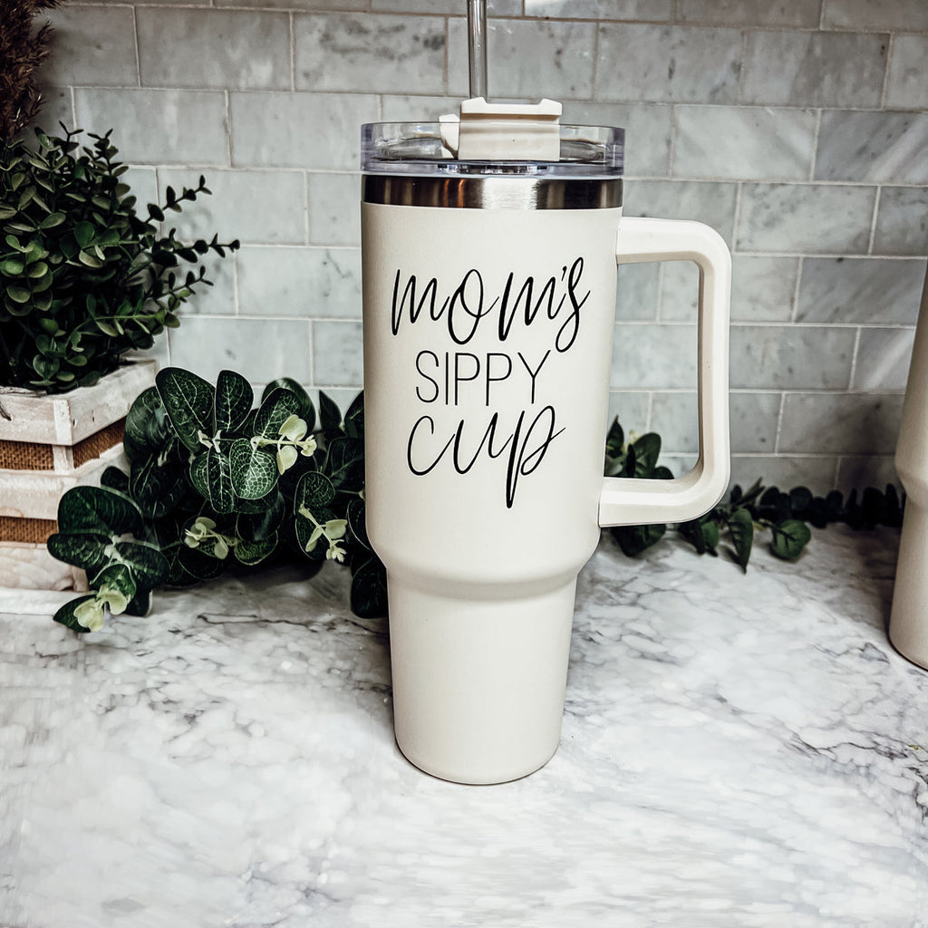 Mom’s Sippy Cup 40oz Insulated Tumbler – Travel Mug with Handle & Straw