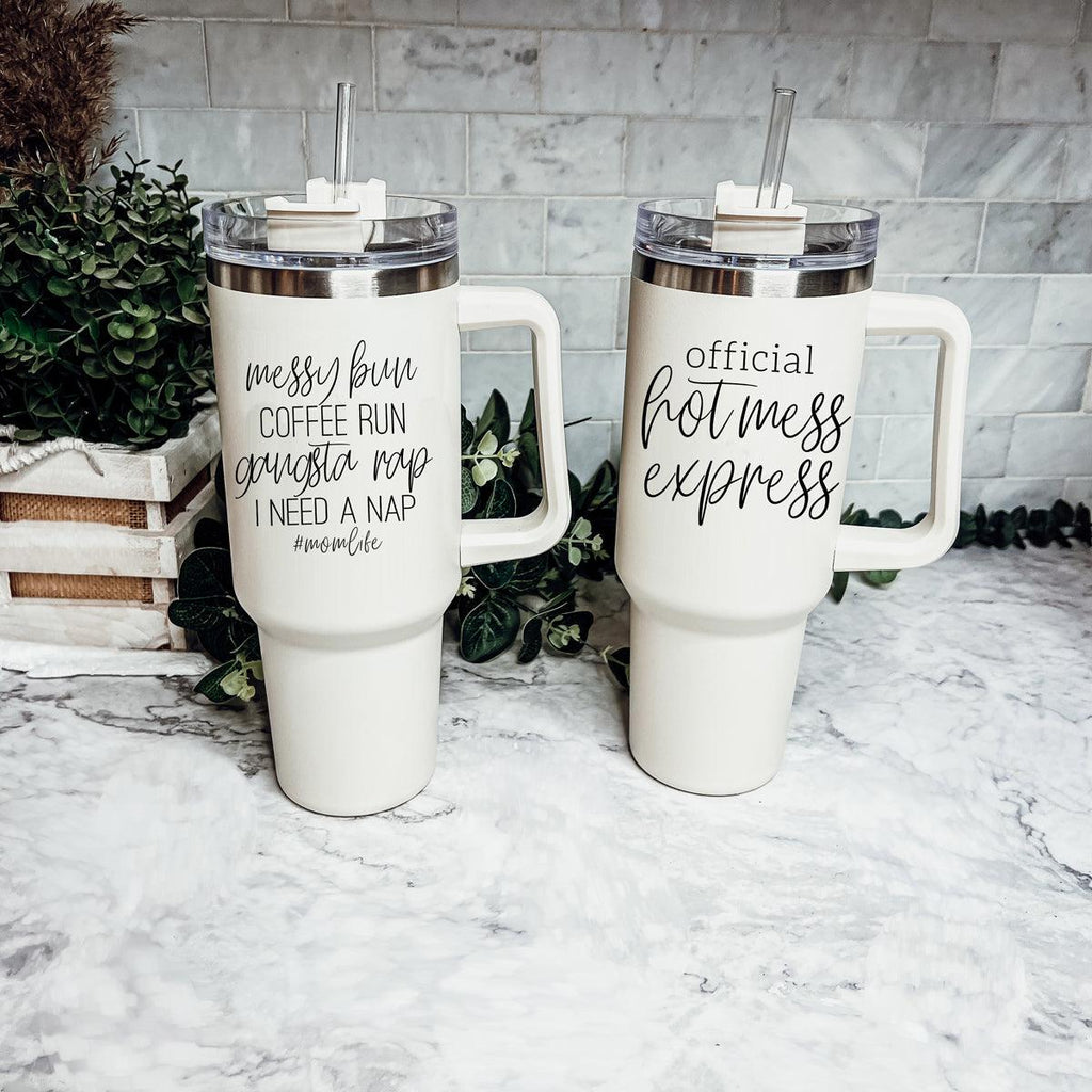 Messy Bun Coffee Run #MomLife Insulated Tumbler – 40oz Travel Mug with Handle & Straw