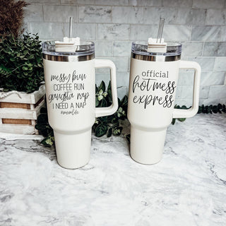 Messy Bun Coffee Run #MomLife Insulated Tumbler – 40oz Travel Mug with Handle & Straw