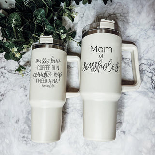 Messy Bun Coffee Run #MomLife Insulated Tumbler – 40oz Travel Mug with Handle & Straw