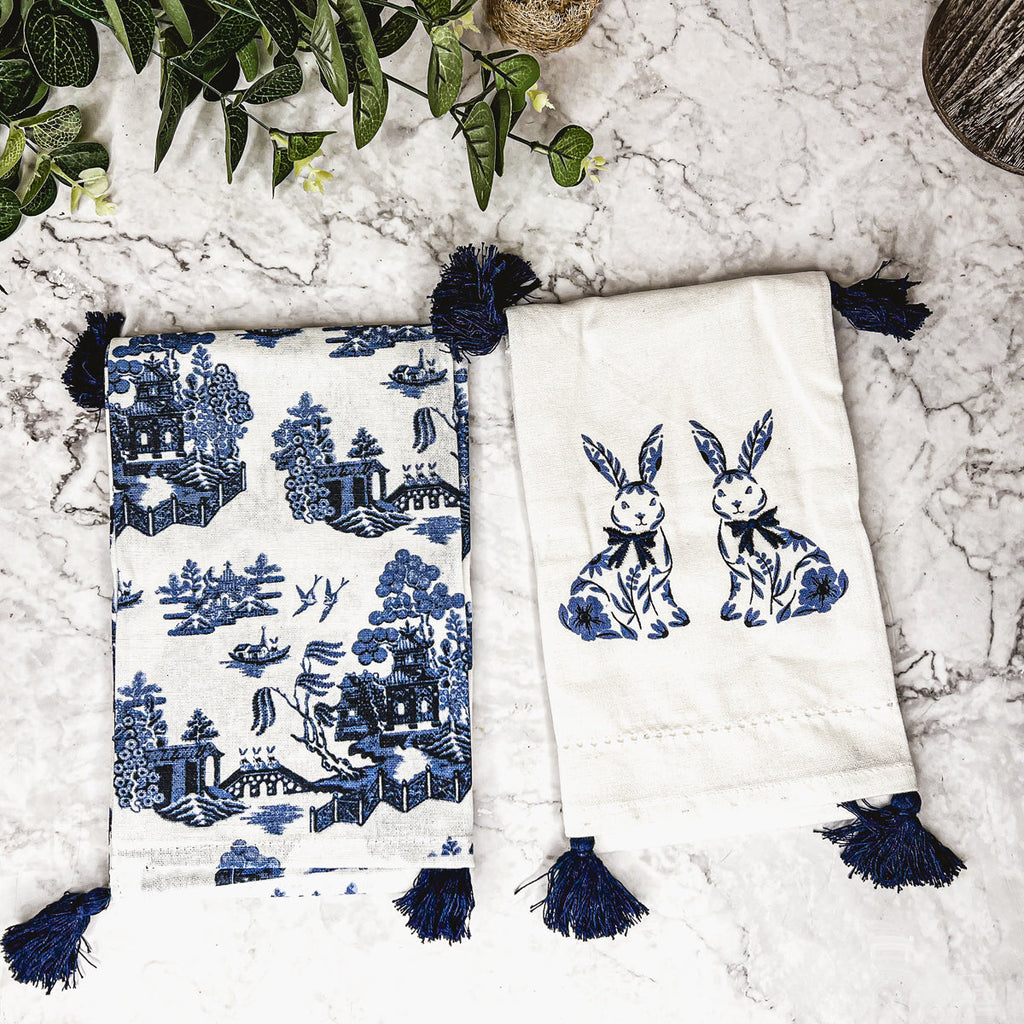Chinoiserie Bunny Embroidered Dish Towel – Blue & White Easter Kitchen Towel