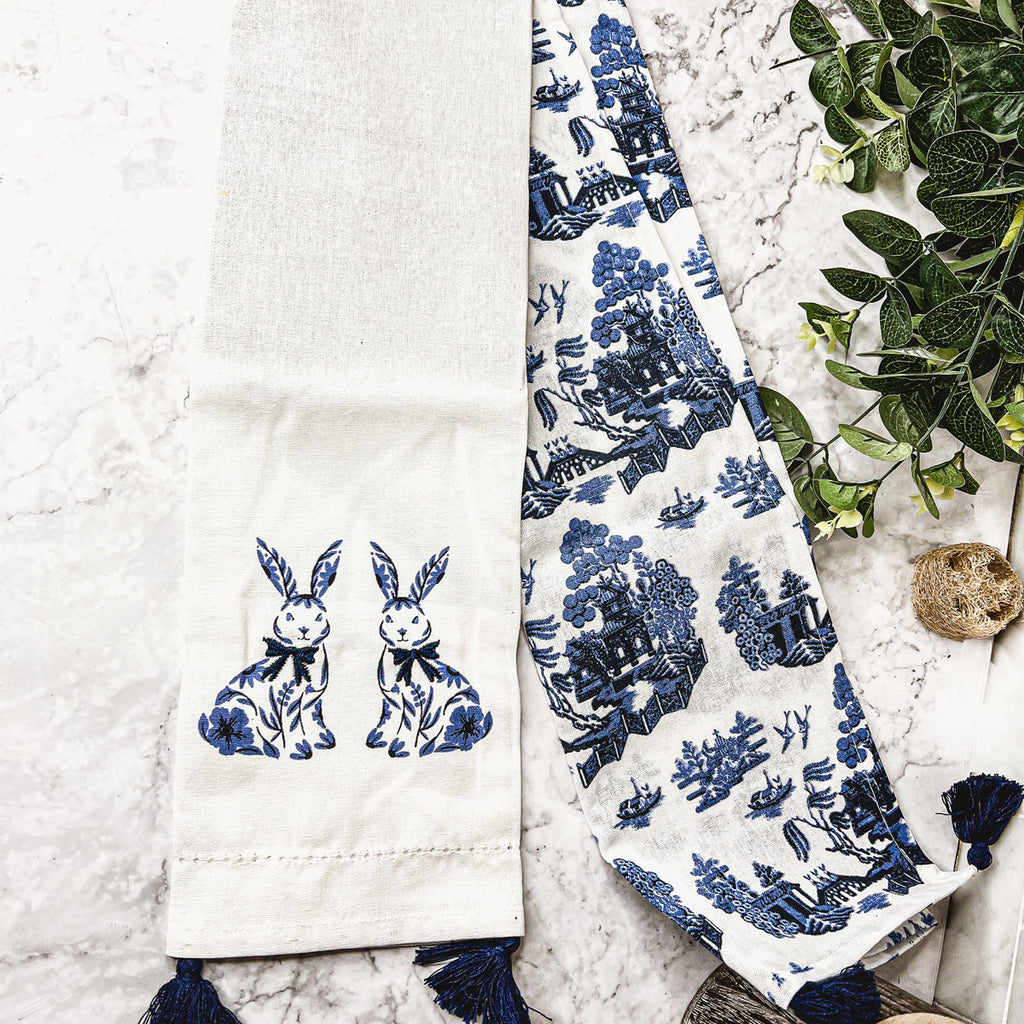 Chinoiserie Bunny Embroidered Dish Towel – Blue & White Easter Kitchen Towel